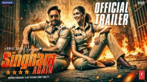 Singham Again movie poster featuring Ajay Devgn, Ranveer Singh, Deepika Padukone, and Arjun Kapoor in action-packed scenes.